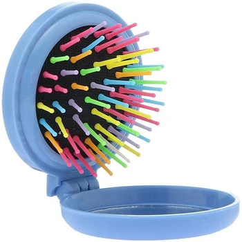 Mini Yuvarlak Katlanır Tarak İle hava yastığı Saç Masaj Tarak Fırça Ayna (Mavi)