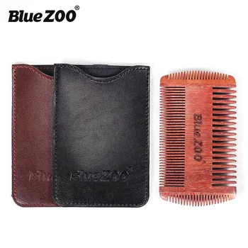 Bluezoo Kuaförlük Tarak 4 Taraflı sakal tarağı + Deri Çanta erkek Bakımı Kırmızı Sandal Ağacı sakal tarağı Taşınabilir Tarak Hediye baba için