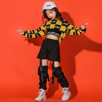 Çocuk Serin Hoodies Kazak Üst Kırpma Siyah İçi Boş Pantolon Hip Hop Giyim Kızlar için Caz dans kostümü Balo Salonu Elbise Giymek