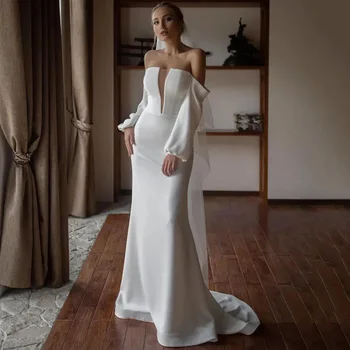 Kılıf düğün elbisesi 2022 V Yaka Puf Uzun Kollu gelin kıyafeti Zarif Kadın Straplez Basit Kat Uzunlukta Modern Stil Yeni Sıcak