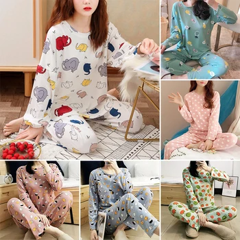Sonbahar kadın Pijama Seti Sevimli Pamuk Karikatür Baskı Kız Pijama Kazak Artı Boyutu Ev Giysileri Üst + Uzun Pantolon Kıyafeti Yeni