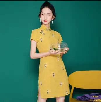 Sarı Çin Geleneksel Elbise Genç Kız Geliştirilmiş Cheongsam Mini Kısa Stil Vintage Yaz
