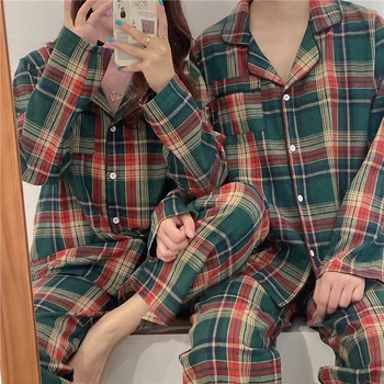 Ekose Baskı Çift Pijama Set Sonbahar Kış Uzun Kollu Kadın Pijama Pamuk Ev Bez Tek Göğüslü Pijama İçin Kadın