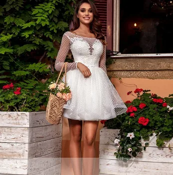 Vintage Pot Dantel Kısa düğün elbisesi Plaj 2021 Vestido De Novia Corto Artı Boyutu Uzun Kollu gelinlikler
