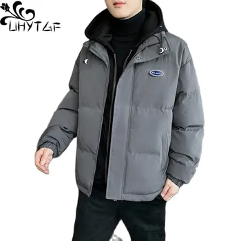 UHYTGF 2023 kışlık ceketler Erkekler İçin Sahte İki Kapşonlu Soğuk Geçirmez Sıcak uzun kaban Erkek Moda Genç Rahat Erkekler Pamuk Palto 200