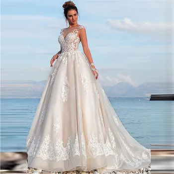 Scoop Dantel Aplikler Gelinlik 2021 Prenses Tül Özel Alt Sırt Seksi gelinlikler Plaj Kadın düğün elbisesi Resmi