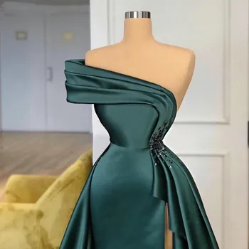 mezuniyet Elbiseler Uzun Koyu Yeşil Saten Abiye Zarif Dantelli Boncuk Bölünmüş Abiye Örgün Kadın платье vestidos de noche
