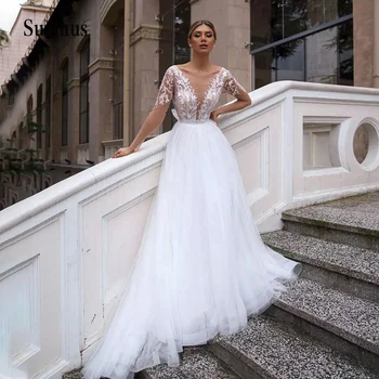 Boho Derin V boyun düğün elbisesi Tam Kollu Dantel Aplikler gelin kıyafeti Backless tül düğün elbisesi es Robe de Mariee Yaz 2022