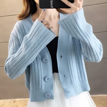 DTSTARZG Kısa kollu örme kazak hırka kadın 2020 Kore sevimli V Yaka düğme ceket kadın rahat mavi kazak