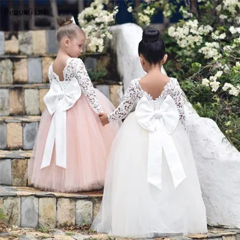 Balo Çiçek Kız Elbise Dantel Aplikler Bebek Kız Parti Elbiseler Uzun Kollu Geri Yay İlk Communion Elbise