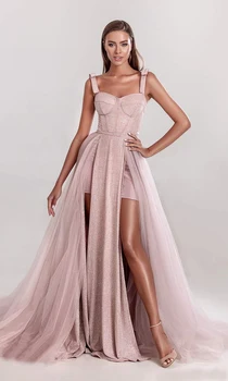 Uzun Tül Glitter balo kıyafetleri 2021 Spagetti Sapanlar Sevgiliye Çift Yüksek Bölünmüş Örgün Akşam Parti Elbise vestidos de gala