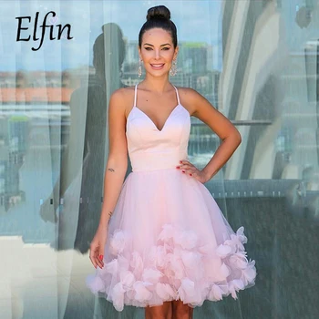 Elfin Pembe Kısa / Mini balo kıyafetleri Basit Spagetti Sapanlar El Yapımı Çiçek Kolsuz Homecoming Elbise Örgün Balo elbisesi