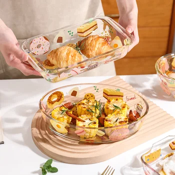 JINYOUJIA Sevimli Desen Cam Pişirme salata kasesi Tepsi Fırın uzun borosilikat cam pişirme kabı Patates Tavuk Mutfak Bakeware