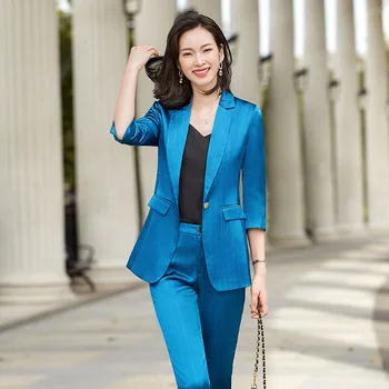 Yeni Varış Bahar Sonbahar Kadın Mavi Blazer Blazer Kadın Ceketler Ofis Bayanlar İş Üniforma Stilleri OL İş Elbiseleri
