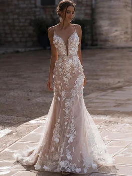 Beyaz düğün elbisesi Dantel 3D Çiçek O-Boyun Uzun Kollu Basit gelin elbiseleri Fermuar Custom Made Artı Boyutu gelinlik