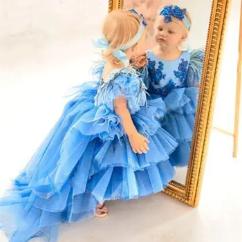 Mavi Yüksek Düşük Çiçek Kız Elbise Bebek Kız Tutu Etek Prenses Elbise Pullu Aplike İlk Communion Elbise Sevimli