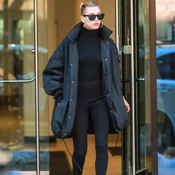 Kış Sonbahar Gevşek Fit Siyah Pamuk Ceket Kadın Streetwear Standı Yaka Rahat Sıcak Uzun Kollu Dış Giyim Tek Göğüslü Palto