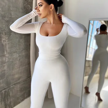 Adogirl Katı İki Parçalı Set Eşofman Kadın Bodycon Uzun Kollu Bodysuit + Skinny Tayt Eşleştirme Kıyafetler Kadın Giyim