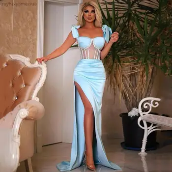 Seksi Gök Mavisi balo kıyafetleri 2023 Suudi Arabistan Dubai Mermaid Akşam Elbise Süpürgelik Kat Uzunluk Kokteyl Parti Törenlerinde Artı Boyutu