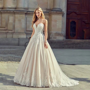 Sevgiliye Boyun Çizgisi A-line Şampanya Dantel Aplike düğün elbisesi Düğme Geri gelinlikler vestidos de noiva princesa