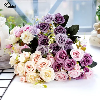 Meldel Mini Buket Çiçek 5 Çatal 10 Kafaları Ipek Gül Yapay Düğün Çiçek Sahte Gül Ev Partisi Düğün Masa Süslemeleri