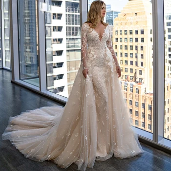 Lüks Ayrılabilir 2 İn 1 düğün elbisesi Mermaid İşlemeli Dantel Net Tren V Yaka Tam Kollu Abiye Vestido De Novia Cust