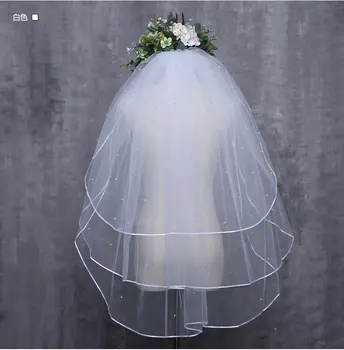 Çift Katmanlar Tül Gelin Veils Tarak ile Beyaz Fildişi Kısa İnciler Gelin Veils düğün elbisesi