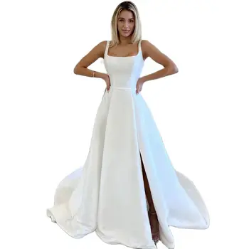 Yeni Basit Saten düğün elbisesi Kadınlar İçin Gelinler Yan Yarık Backless Spagetti Kayışı Zarif gelinlikler Custom Made Robe De