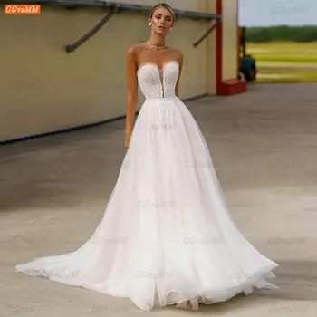 Boho Beyaz düğün elbisesi Uzun Puf Kollu 2022 Vestido De Noiva Princesa Bir Çizgi Tül Boncuk Gelin Elbiseler Seksi Suknia Slubna