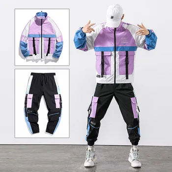 2022 Hip Hop İş Giysisi ceket Erkek Eşofman Ceket + Pantolon 2 ADET Setleri beyzbol gevşek Fermuar Şeritler Ceket uzun pantolon Erkek Giysileri