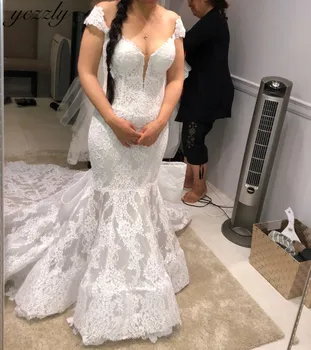 Artı Boyutu düğün elbisesi Seksi Off-omuz Dantel Mermaid düğün elbisesi es 2019 Uzun Aplikler gelinlikler Yay Ile Gelinlik Da Sposa