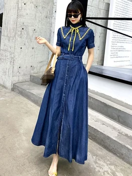Fırfır Standı Yaka Denim Kadınlar Yeni Yaz İnce Sashes Yüksek Bel Uzun es Zarif Vintage Ofis kadın gömleği Elbise