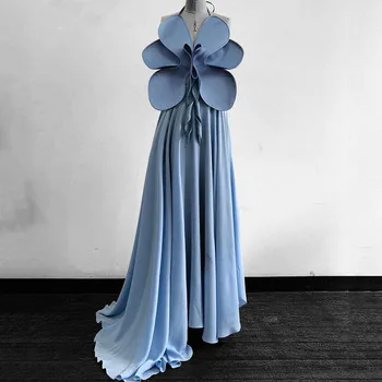 Halter Saten Elbise A-line Abiye El Yapımı Çiçek Elbise Mavi Elbiseler Fırfır Aç Geri Balo Elbise Şık Kadın gece elbisesi