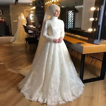 Müslüman düğün elbisesi Beyaz O Boyun Uzun Kollu Aplike Özelleştirmek Artı Boyutu Vintage Düğme Geri gelinlikler Vestidos De Noiva