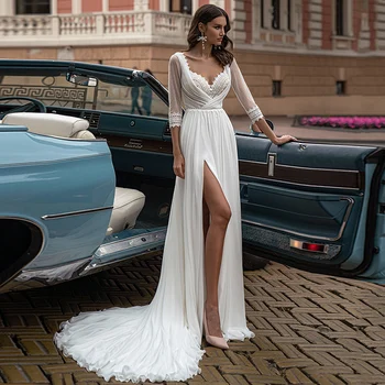 Zarif Boho düğün elbisesi A-line V Yaka Üç Çeyrek Aplikler ButtonTea uzunlukta gelin kıyafeti Kadınlar İçin Özel Vestidos De Noiva