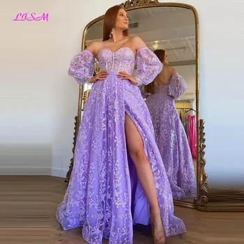 TUTUMLARIN Sparkle Prenses Lavanta Balo Abiye Büstiyer Puf Kollu Dantel Uzun Abiye 2022 Zarif Parti Elbise Düğün için