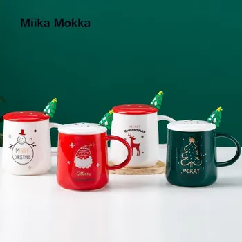 Yaratıcı Sevimli Karikatür Kardan Adam Santa Geyik Noel Seramik kapaklı kupa ve kaşık seti Kişilik süt kupası Severler Kahve Kupa