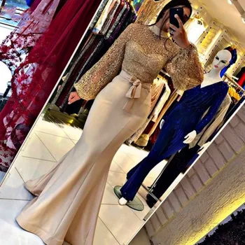 Moda Altın Abiye 2023 Yüksek Boyun Tam Kollu Sashes Mermaid Saten Suudi Arabistan Vestidos De Fiesta Örgün Balo elbisesi