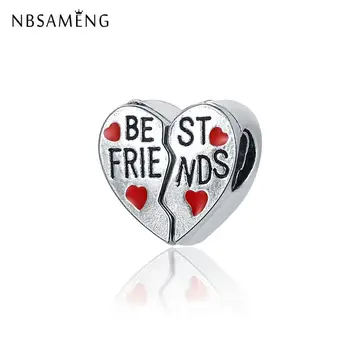 Yeni Orijinal Ücretsiz Kargo Gümüş Kaplama Boncuk Alaşım Best Friends Charm Kırmızı Kalp Fit Bilezik Kolye DIY Kadınlar Takı