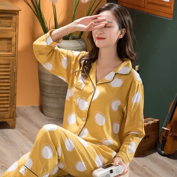 İlkbahar Sonbahar Yeni kadın 2 ADET Pijama Takım Elbise Tam Kollu Gömlek ve Pantolon Pijama Sarı Gevşek Ev Giyim Rahat Polka Dot Kıyafeti