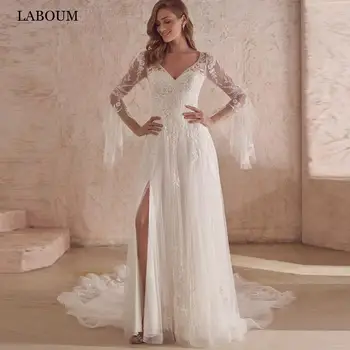 LaBoum Vintage V Yaka Yan Yarık Gelinlik Uzun Kollu Dantel Aplikler gelinlikler Illusion Geri Robe Mariage Femme Plaj