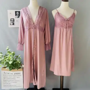 Kadın Rahat Pijama Bornoz Elbisesi 2 ADET Kimono Bornoz Seti Samimi Iç Çamaşırı Pembe Uzun Kollu V Yaka Ev Giyim Kıyafeti