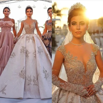 Zarif düğün elbisesi Uzun Kollu V Boyun Aplikler Parlak Sequins 3D Dantel Ruffles Boncuklu Örgün gelinlikler Vestido De Novia