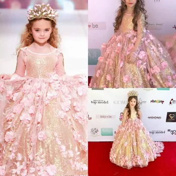 Custom Made Prenses Çiçek Kız Elbise Uzun Kollu 3D Aplikler Sequins Communion vestidos de fiesta