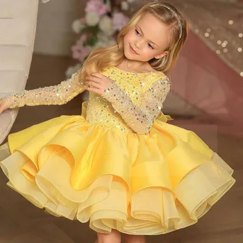 Pullu Glitter Çiçek Kız Elbise Çocuk Uzun Kollu Piyano Performans Konak Doğum Günü Balo