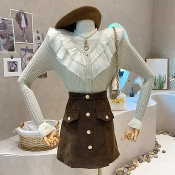 Niş Tasarım Yeni kadın Giyim 2022 Sonbahar Yüksek Anlamda Örme Hırka Dikişli Fırfır V Yaka İnce Kazak pardösü