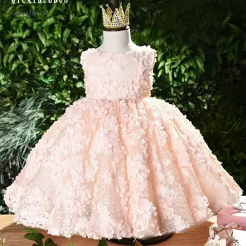 Moda Çiçek Kız Elbise Düğün için Parti Zarif Mercan Pembe Elbisesi Dantel Elbise çocuk Communion Elbise XF043