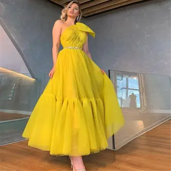 Sarı Tül Kısa Balo Elbise Bir Omuz çay Boyu Homecoming Elbise Prenses Kadınlar 2022 Parti Törenlerinde Artı Boyutu