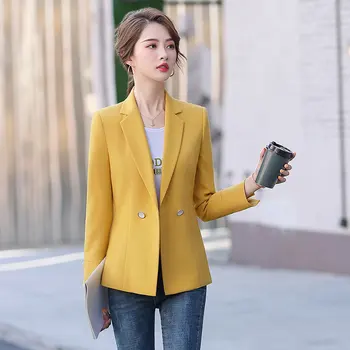 Zarif Sarı Uzun Kollu Resmi OL Stilleri Blazers Ceketler Ceket Bahar Güz Üniforma Tasarımları Blaser Profesyonel Dış Giyim Tops
