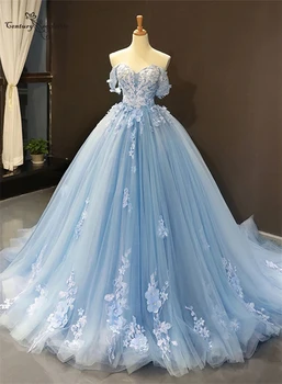 Gökyüzü Mavi Quinceanera Elbiseler Balo 2021 Dantel Aplike 3D Çiçekler Kapalı Omuz Prenses Balo Parti Törenlerinde Tatlı 16 elbiseler